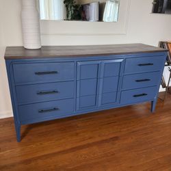 Mid Century Modern Dresser – Navy Blue, Wood Top, Fully Refinished, Designer Style