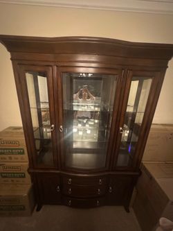 Large Cherry Wood China Cabinet / Lighted Curio Hutch with Glass Shelves & Storage