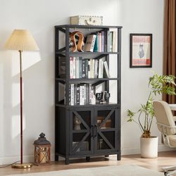 Bookshelf 70" Tall Bookcase with Barn Doors,Large Farmhouse Display Book Shelf with Adjustable Shelves and Storage Cabinet