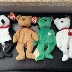Lot of 4 Beanie Babies - Fortune, Erin, Curly, Valentino