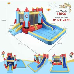 DREAMVAN Kids Bounce House with Blower Inflatable Bounce Houses Double Slide Climbing Wall and Ball Pit/Pool Splash Big Bouncy House Bouncing Rocket J