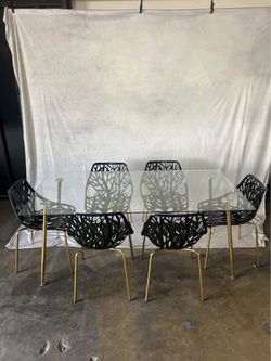 Black Gold Glass Dining Table Set for 6