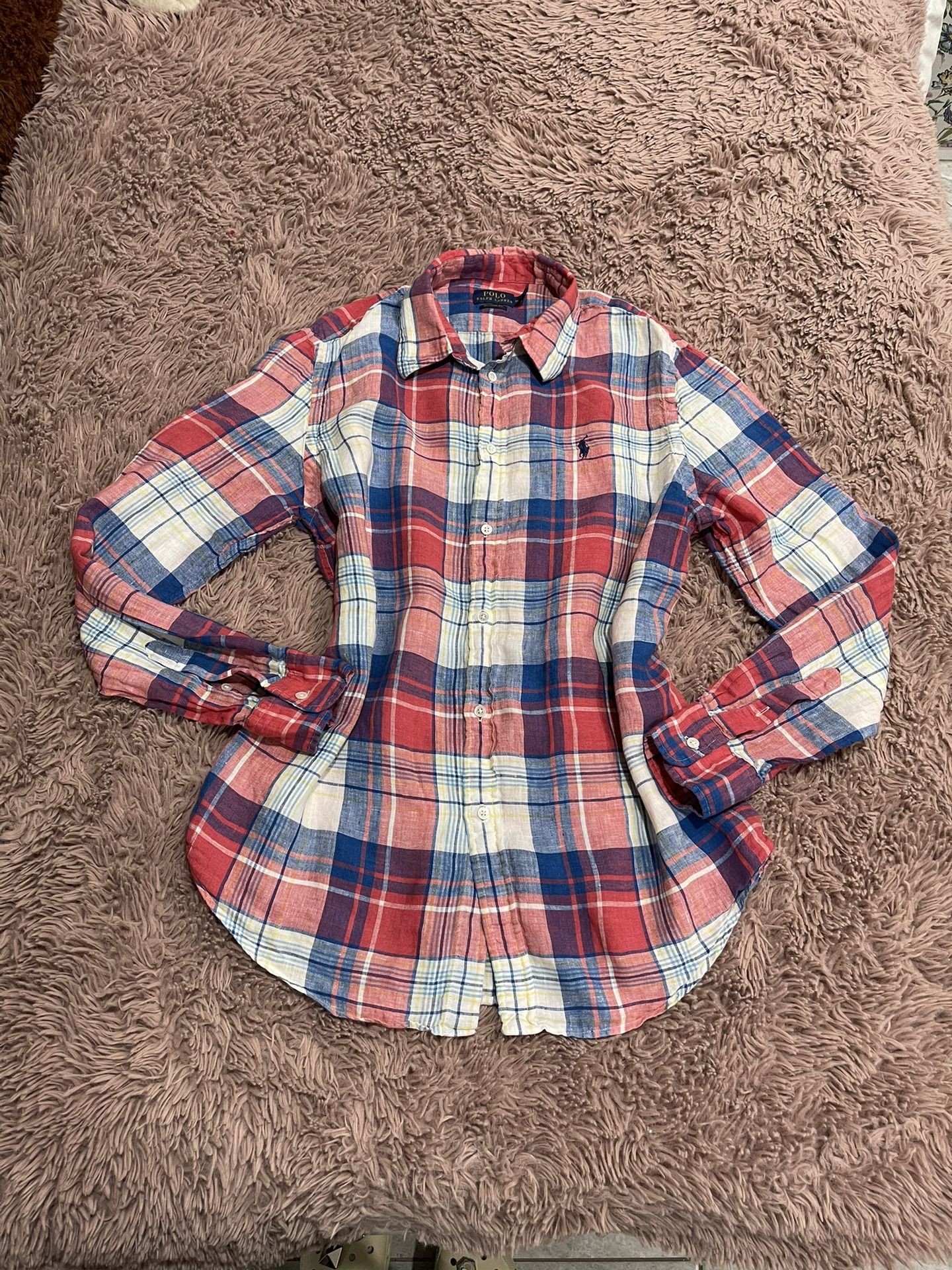 Polo Ralph Lauren Women Plaid Linen Button Shirt 