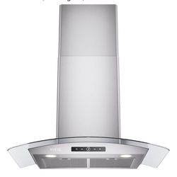 30 Inch Wall Mount Range Hood, 450 CFM Dual Inlet, Curved Glass Kitchen Vent Hood, Ducted/Ductless Convertible, 3-Speed Touch Control, LED Lights, Sta