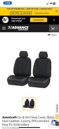 Car & SUV Seat Cover, Black Faux Leather, Luxury, 2PK Low Back