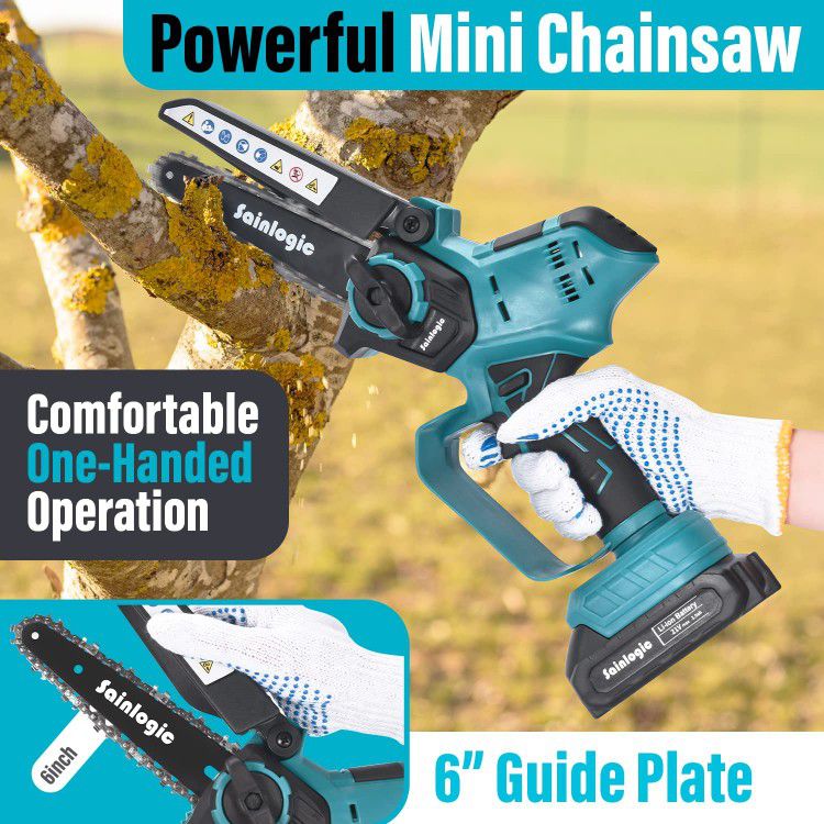 Sainlogic Mini Chainsaw Cordless 6 Inch with 2 Batteries and Safety Lock, Electric Handheld Chainsaw, Portable Mini Chainsaw Battery for Small Trees a