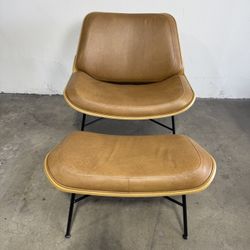 Burrow Vesper Leather & Wood Lounge Chair with Ottoman (Camel/Oak)