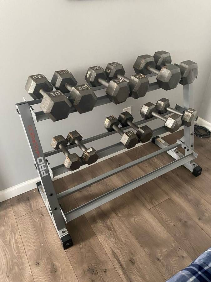 6 Pairs Of Steel Cast Iron Hex Dumbbells With Rack - 10’s, 15’s, 20’s, 25’s, 30’s And 35’s