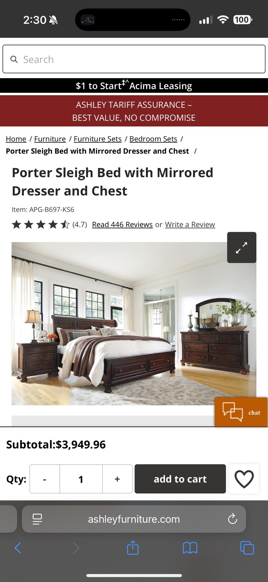 Cal King Bed Frame with Mirrored Dresser and Chest