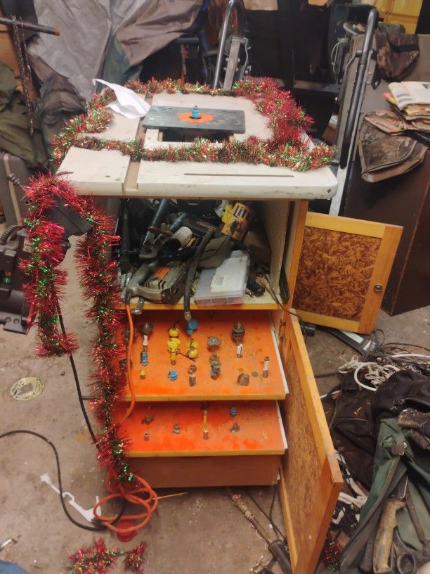 Router With Custom Made Cabinet/Table With Pull Out Drawers And Custom Woodworking Bits Approximately 50+ Bits