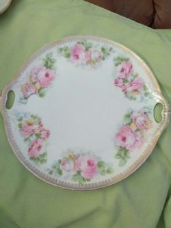 Antique German Porcelain 10" Handled Cookie Plate adorned with Pink Roses, Three Crown China