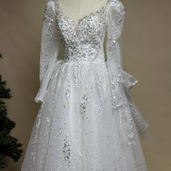 long sleeves Beaded Wedding Dress – One Size – Lace-Up Back – Irvine CA Local Pickup Only – $25
