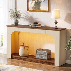55" Console Table, Wood Farmhouse 2-Tier Sofa Table with LED Lights