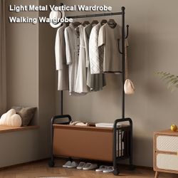 Metal Clothes Rack Bedroom Floor Light Luxury Simple Hanging Clothes Rack with Storage Basket Movable Clothes Rack Drying Rack