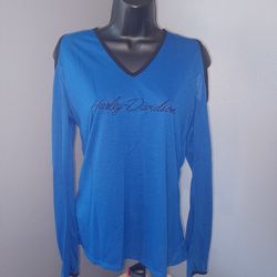Harley-Davidson blue cold shoulder long sleeve top size small