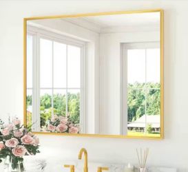 42 in. W x 36 in. H Rectangle Aluminum Framed Wall Bathroom Vanity Mirror in Gold
