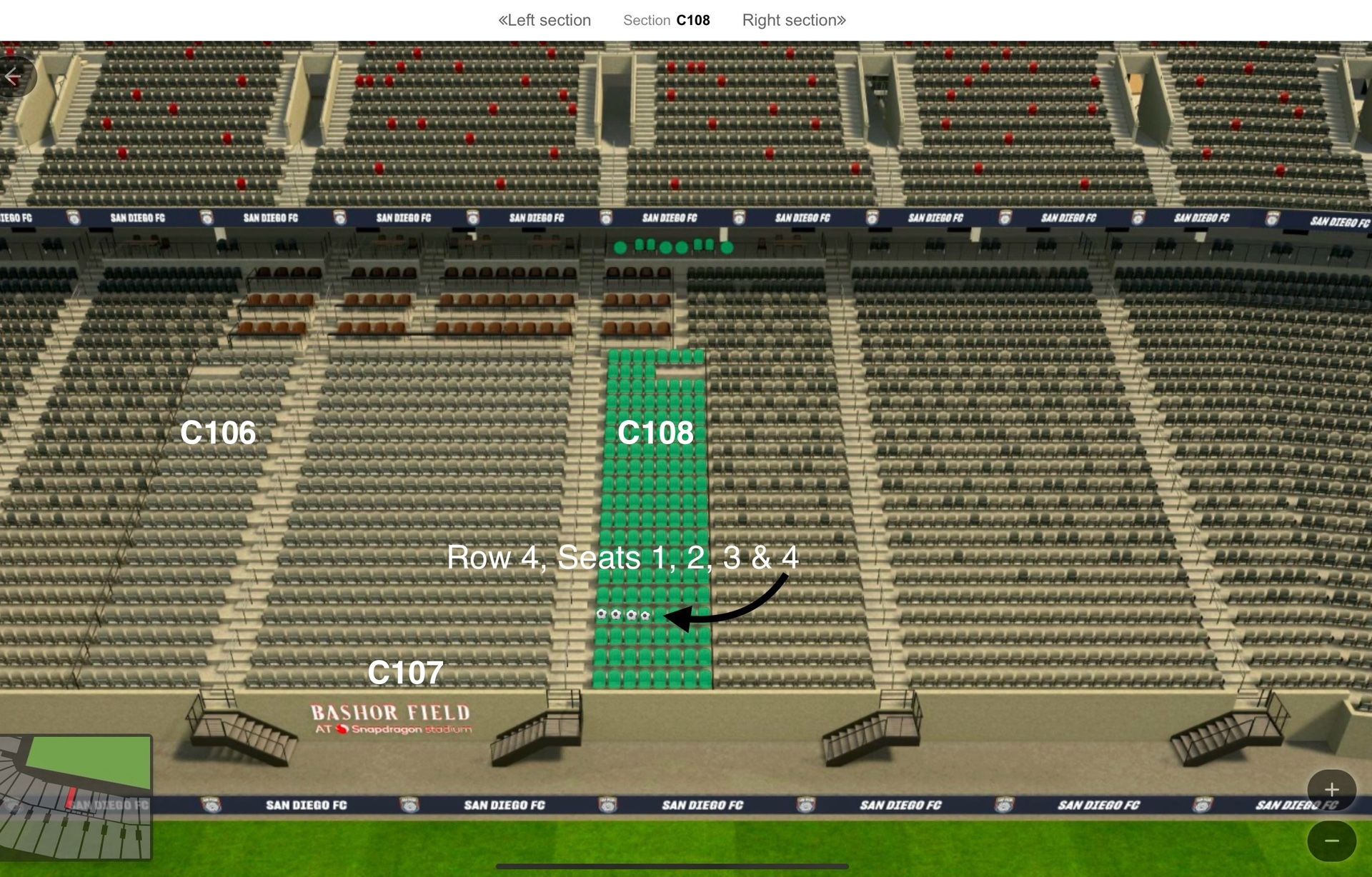 San Diego FC Football Club - LOS ANGELES LA Galaxy May 24, 2025 Premium Dos Equis XX Club - Amazing Tickets: C108 108 4th Row Aisle Seats 1 - 4
