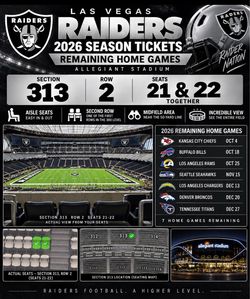 Las Vegas Raiders Tickets - Section 313, Row 2, Seats 21-22 Aisle Seats Mid Field