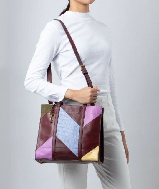 Fossil Carmen Shopper Tote Satchel Crossbody Bag Wine Leather Patchwork 12x11