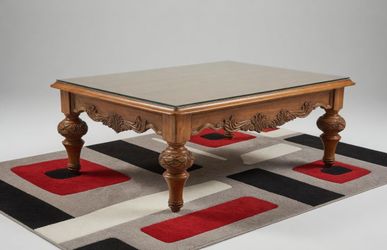 Ornate Carved Wood Coffee Table + Matching End/Side Table - Glass Tops