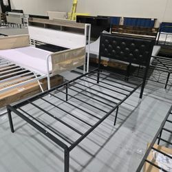 M-New Twin Bed Frame with Headboard PU Leather Upholstered Bed Frame Platform,All Metal Slats Support Platform Bed Frame with Storage Space,Easy Assem