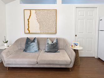 Light Gray Velvet Sofa with Gold Legs