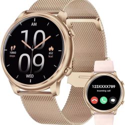Smartwatch fits for Android and iPhone, 1.39-Inch Fitness Tracker with Bluetooth (Answer/Make Calls) for Men and Women, Alloy Gold