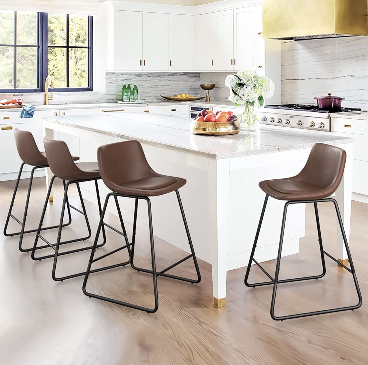 Mid Century Modern 24 Faux Leather Bar Stools Set of Dark Brown