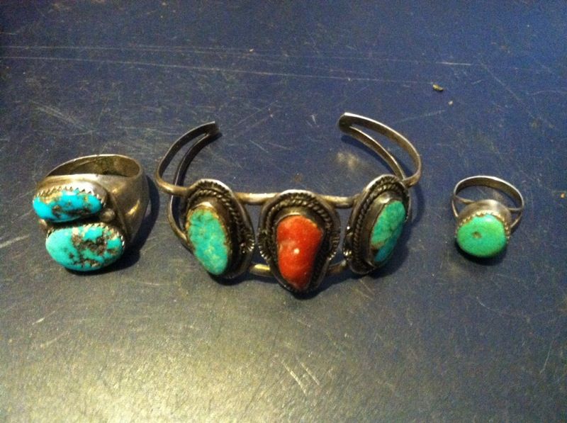 Bracelet and 2 Rings Native American Turquoise and Red Coral Jewelry