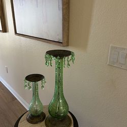 2 Green Glass Candle Holders- 20 inches and 12 inches.
