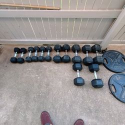 Variety Of Dumb Bells And Weight Plates W Curl Bar