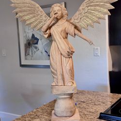 Vintage Hand Carved Wooden Angel Gabriel 33” Tall Beautiful Statue