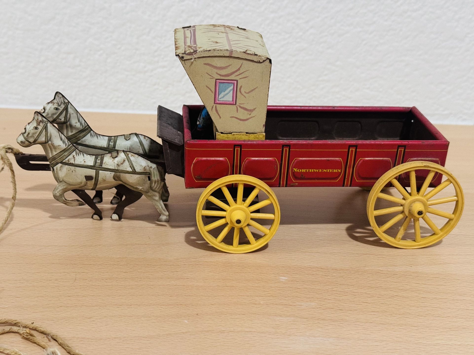 Vintage Northwestern Products Tin Litho Horse Drawn Wagon Buggy Cart with Driver.