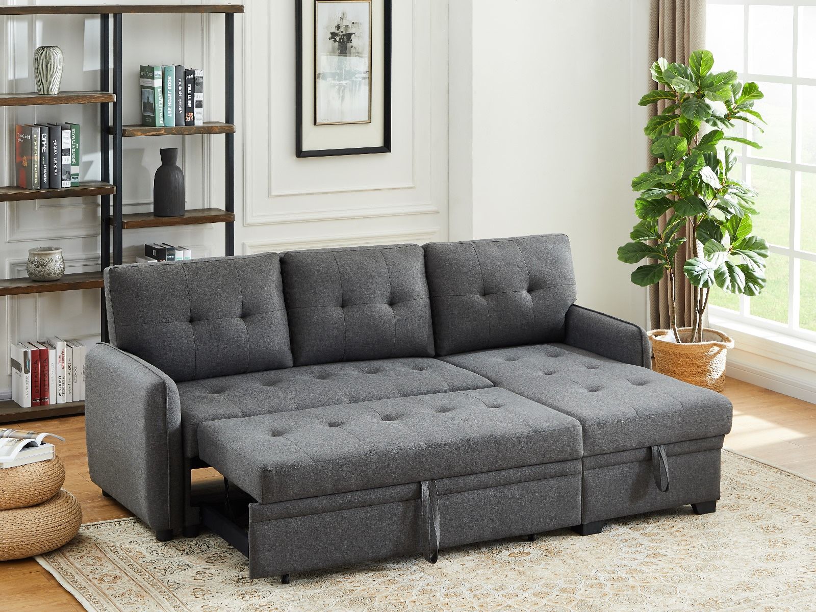 New! Dark Grey Sectional Sofa Bed, Sectional Sofa Bed, Grey Sofa, Sleeper Sofa, Grey Couch, Reversible Sectional, Sectional Sofa With Pull-out Bed Dim