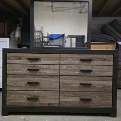 Modern Black / Rustic Style 6 Drawer Dresser with Mirror