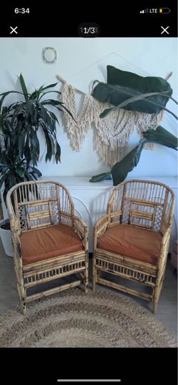 Rattan Bamboo Arm Chairs with Cushions – Set of 2