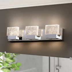 24 in. 3-Light Chrome Stainless Steel LED Bathroom Vanity Light with Clear Ice-Like Brick Glass