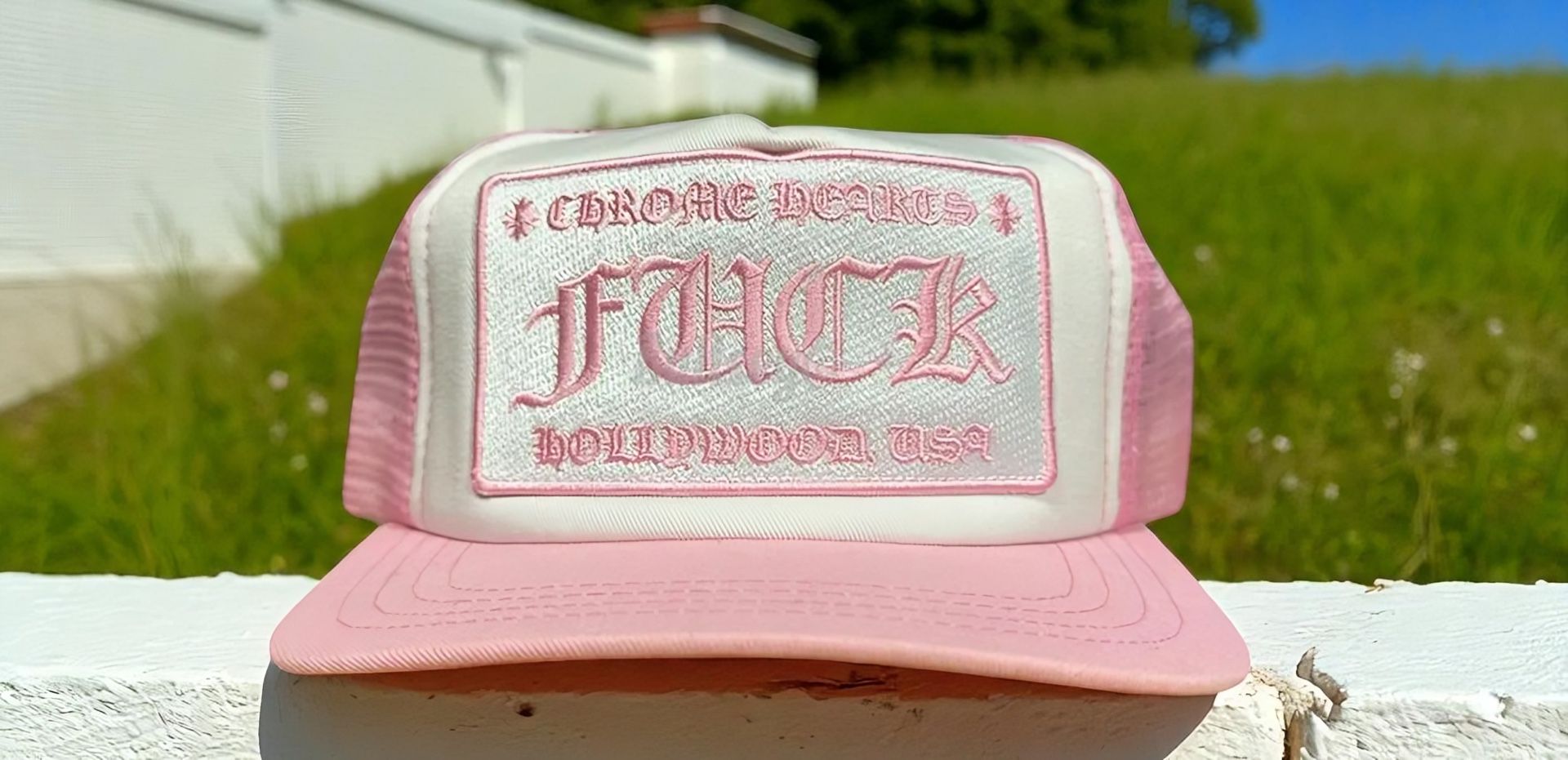 Chrome Hearts Fuck Hollywood Trucker Hat 'White/Pink' -