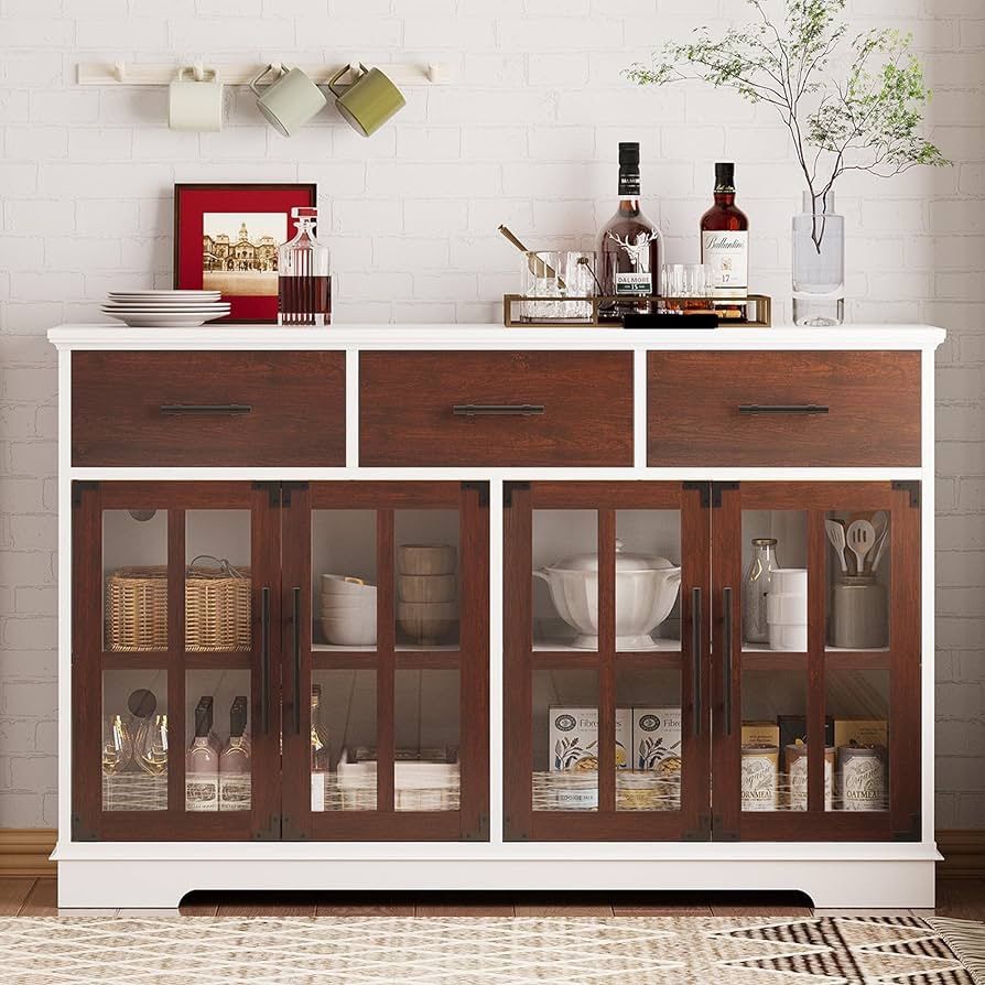 Buffet Cabinet with Storage, 55" Large Sideboard Buffet Storage with LED Lights, Farmhouse Coffee Bar Wood Liquor Cabinet for Kitchen, Dining Room, Re
