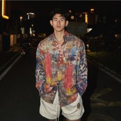 Watercolor-Style Abstract Print Button-Up Shirt - Peace Sign