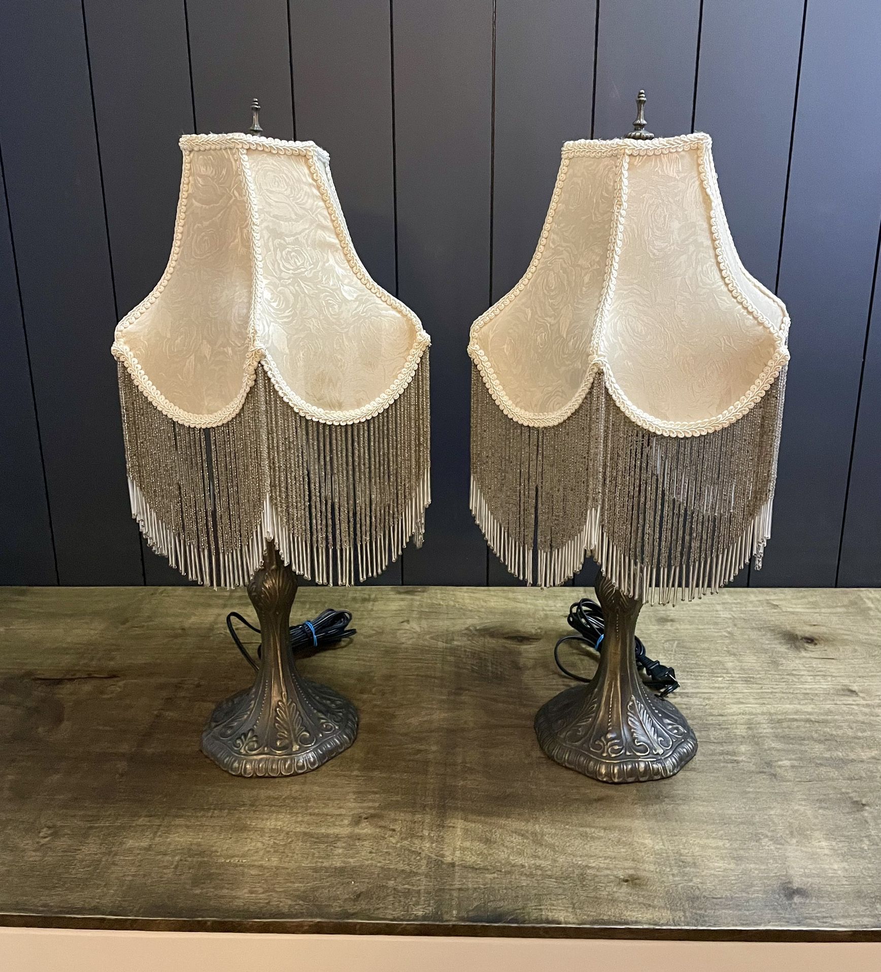 Stunning Victorian Cream Rose Jacquard Beaded Lamp Shade Table Lamps, Pair of Two