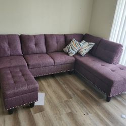 Purple Linen Sectional Couch And Ottoman