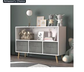 Kids Bookshelf with 3 Collapsible Fabric Drawers, Kids Book and Toy Display Rack for Bedroom, Playroom