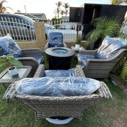 Brand New Patio Outdoor Furniture Set With Fire Pit Swivel Chairs