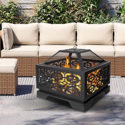 FREE 🎁 with purchase- New MISSING HARDWARE Square Outdoor Wood Burning Fire Pit 26" with Steel BBQ Grill, Spark Screen and Poker