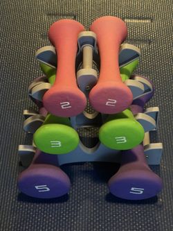3 pair neoprene dumbbell sets/ storage rack
