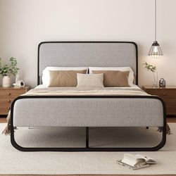 Queen Size Upholstered Bed Frame with Curved Headboard and Footboard, Heavy Duty Metal Slats, 12.4 Inch Under-Bed Storage, No Box Spring Required, Eas