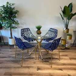 Navy Blue Gold Glass Dining Set 