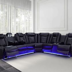Power Electric Black Leather Fully Reclining Sectional Couch