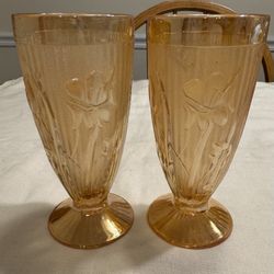 Pair Of Vintage Jeannette Iris And Herringbone Marigold Carnival Glass Tumblers 